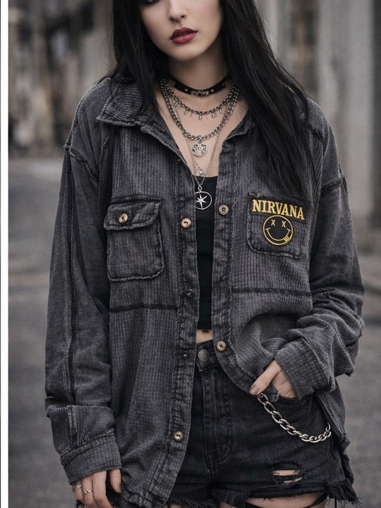 NIRVANA Upcycled Black Waffle Knit Button Down Shirt OVERSIZED Size XS OOAK - Picture 2 of 5